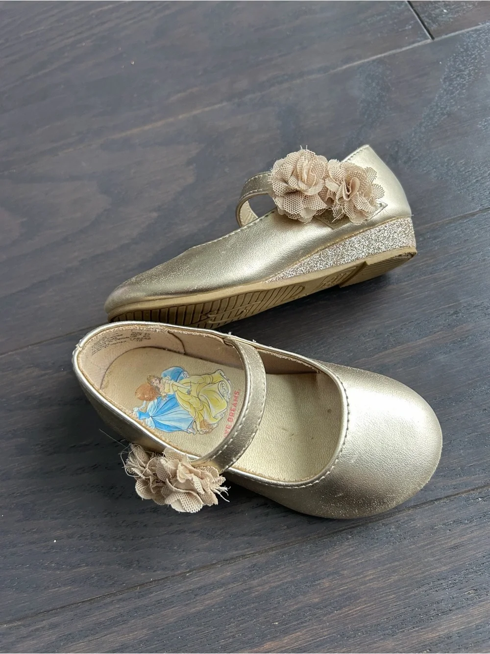 Disney Girls Metallic Gold Mary Jane Dress Shoes with Floral Accent